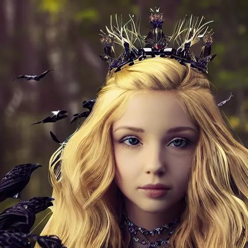 Prompt: A beautiful cute princess with long blonde hair is sitting in a forest on a throne of black feathers, surrounded by realistic crows, wearing a crown made of black feathers.  Dreamy expression, Physically based rendering.