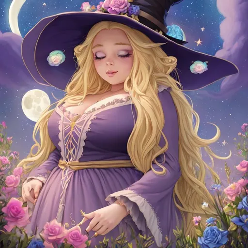 Prompt: a beautiful plus size witch with long blonde hair, large chest, doing magic, wearing witch hat, cute, flowers, aesthetic, pastel, fairycore, disney, pixar, moon, stars, witchcraft, in a starry pastel sky, garden, sweet, dreamy, award winning illustration, artstation, highres, hyperrealistic, large eyes, celestial, sci-fi, fantasy, cottagecore, tarot card style, art nouveau