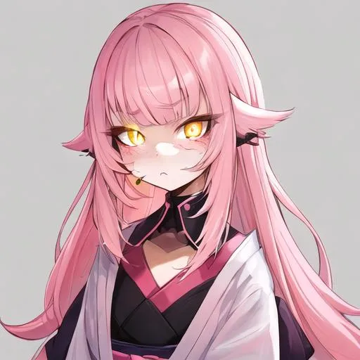 Prompt: 1 singular 16-year-old beautiful japanese girl, symmetrical face, Long pink lemonade hair, glowing peach white eyes, long white under-lashes that swoop off to the side, white freckles, soft girl aesthetic, modern, kawaii, flat chest, 