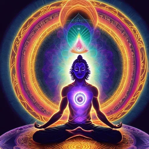 Prompt: a man sitting in the middle of a meditation pose, kundalini energy, cosmic energy, chakras, channeling third eye energy, within radiate connection, ajna chakra, inner illumination, channeling mystical energy, the ayahuasca spirit, dmt background, infinite consciousness, torus energy, spiritual evolution, energy aura, hindu stages of meditation, 4K, super HD, Ultra HD image