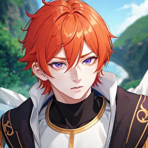 Prompt: Erikku male adult (short ginger hair, freckles, right eye blue left eye purple) UHD, 8K, Highly detailed, insane detail, best quality, high quality, anime style