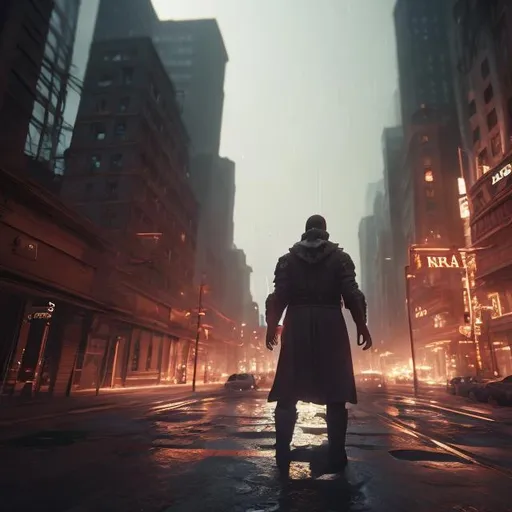 Prompt: Cinematic Unreal Engine 5 style of man facing a huge city with phrase "Alea iacta est"