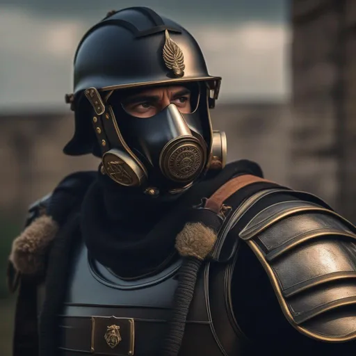 Prompt: A modern roman military male in black military armor galea helmet of roman armor, and gas mask, background D-DAY, Hyperrealistic, sharp focus, Professional, UHD, HDR, 8K, Render, electronic, dramatic, vivid, pressure, nervous vibe, loud, tension, dark, Epic