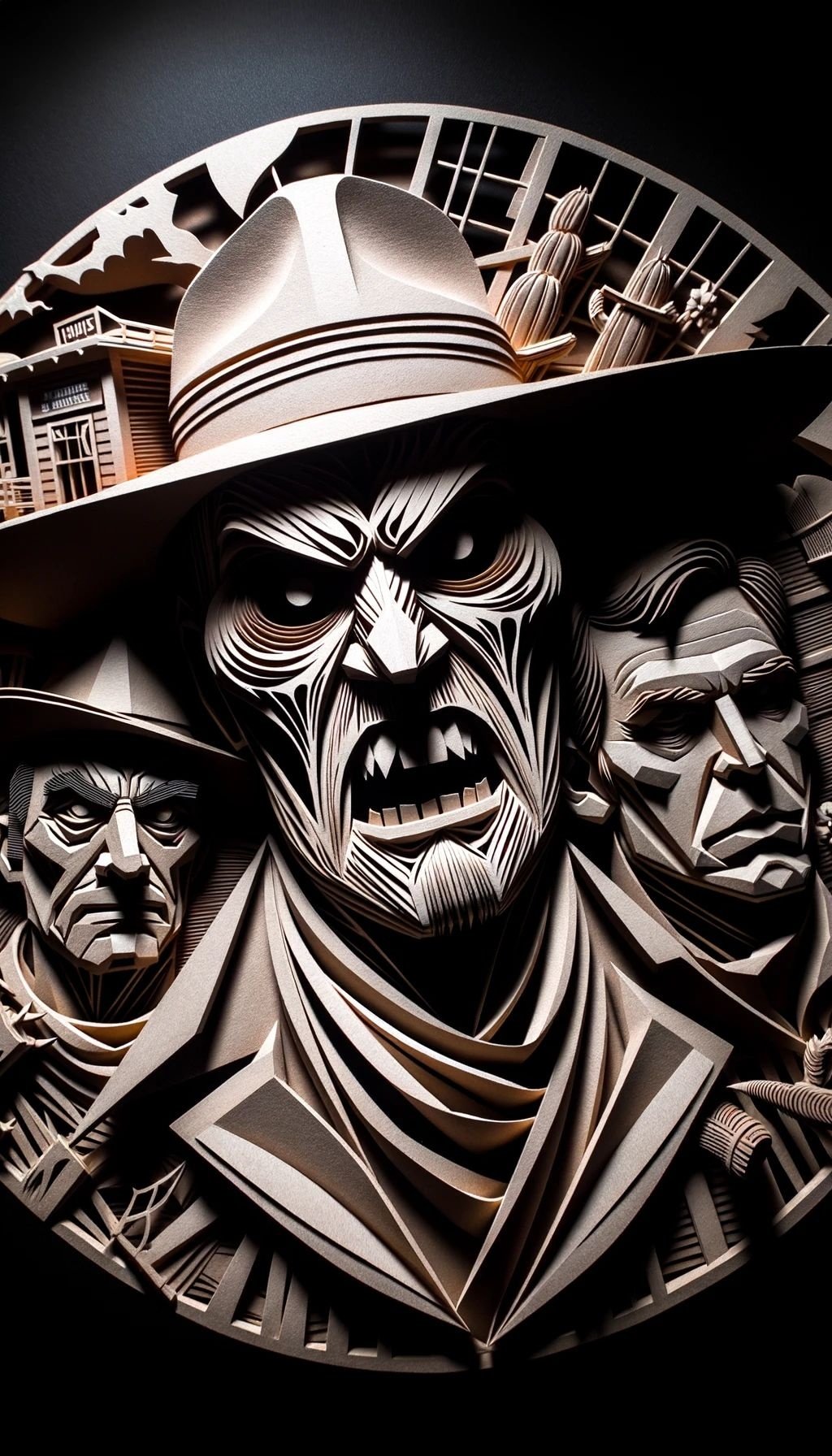 Prompt: Paper cut art of a menacing figure reminiscent of classic horror, set against cowboy imagery. The artwork is captured with the distinct characteristics of a wide-angle lens, similar to the essence of the tokina at-x 11-16mm f/2.8 pro dx ii. Intense shadows, wood sculptor textures, and pronounced brushwork enhance the visual drama. The close-up intensity is further amplified by softbox lighting.