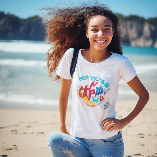 Prompt: a young woman, realistic, happy, full body, look on camera ,wearing white t-shirt, on summer vacation ,beach background 