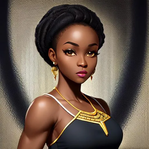 Prompt: Full body of a African young adult  woman {character} with pixie bobbed, petite nose, muscular, dark eyes, square jaw, heart-shaped face, cleft chin,  {background}, perfect composition, hyperrealistic, super detailed, 8k, high quality, trending art, trending on artstation, sharp focus, studio photo, intricate details, highly detailed, by greg rutkowski