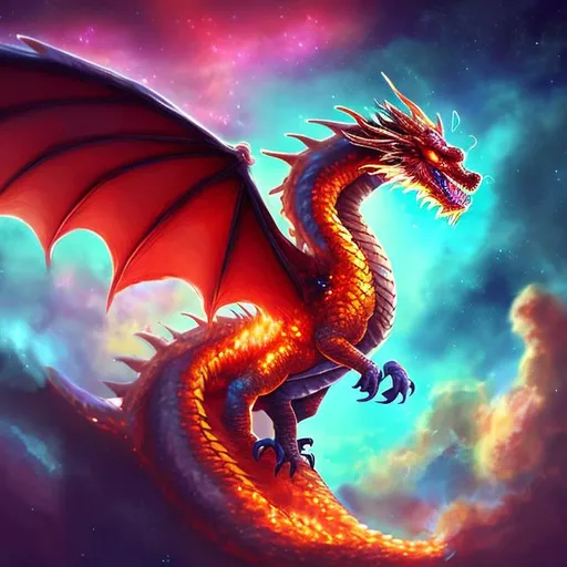 Prompt: "fire dragon with a clear and brilliant eyes face flys into the nebulas" "heigh quality" "more details" "realistic" "cinematic background" 