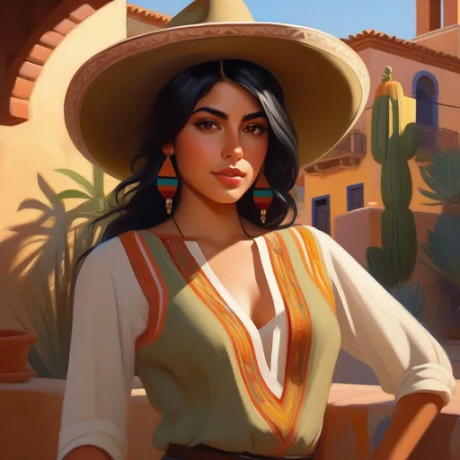 Prompt: Third person, gameplay, Mexican girl, pale olive skin, black hair, brown eyes, modern, Guanajuato, sunny hot weather, warm atmosphere, cartoony style, extremely detailed painting by Greg Rutkowski and by Henry Justice Ford and by Steve Henderson 

