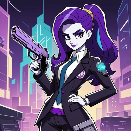 Prompt: cyberpunk equestria girls rarity wearing a cyberpunk business suit and wielding a pistol