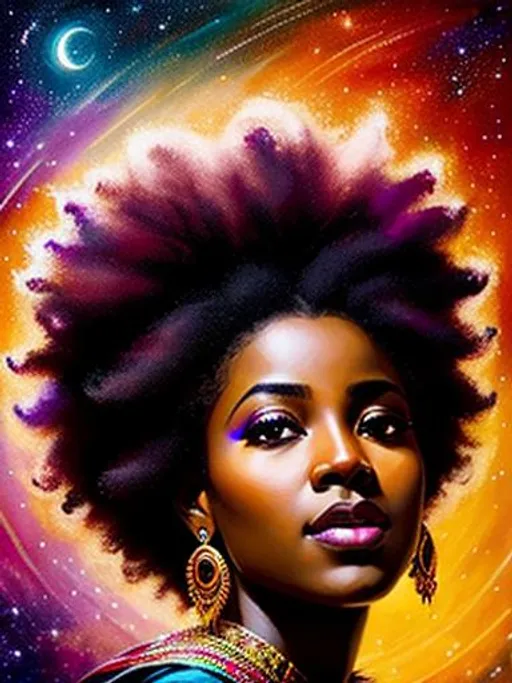 Prompt: She is a african queen lost one of her earrings but that doesnt matter as In her hair, a galaxy awakens, each star a twinkle of brilliance , by TanvirTamim, calligraphy, acrylic: color art, by greg rutkowski