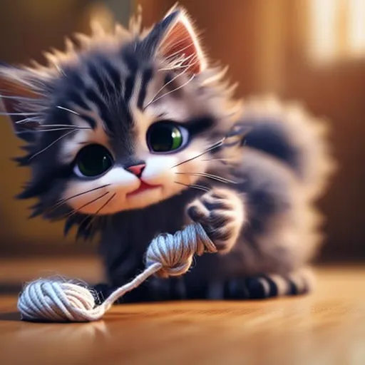 Prompt: A kitten playing with yarn realistic fluffy very cute and chibi eyes calm lighting