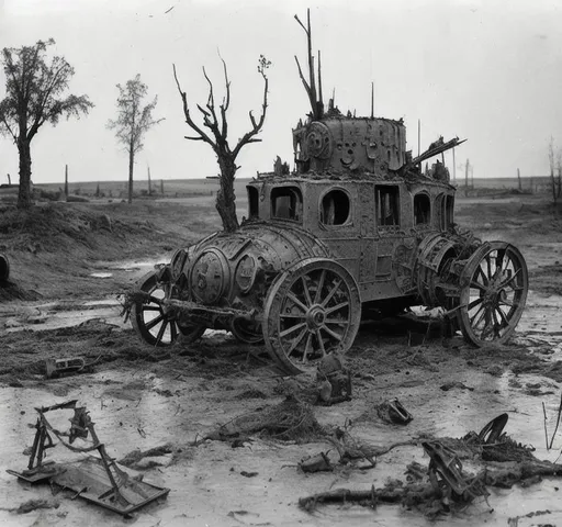 Prompt: A steampunk turret is mounted on top of A battered steampunk war carriage on the battlefields of ww1. barbed wire, trenches, dead soldiers and horses litter the muddy and destroyed terrain. Burned tree stumps smoilder in the background.