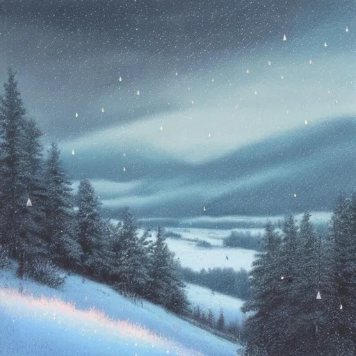 Prompt: Raining diamonds over a snowy landscape in pastel