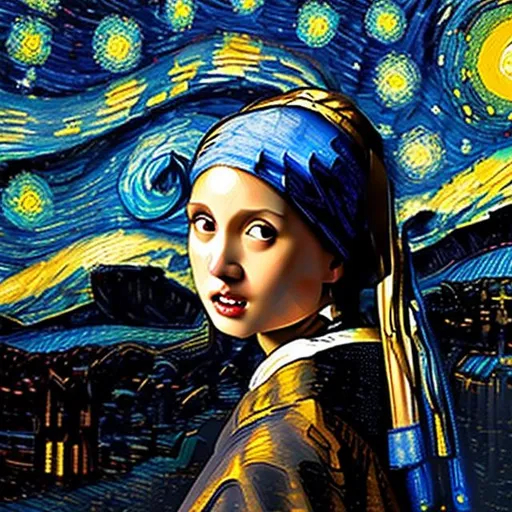 Prompt: input_description = "Combine the starry night sky from 'Starry Night' with the girl from 'Girl with a Pearl Earring.'"

