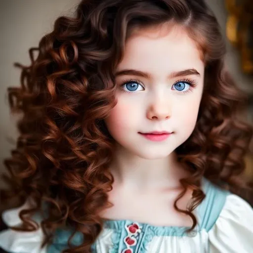 Prompt: Dark brown long hair with pale skin,blue eyes holding and little girl, red curly hair,18th century aesthetic