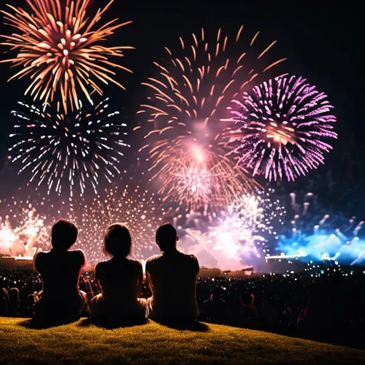 Prompt: Two shadows of two people sitting on a large hill at night looking at fireworks. With stars shing brightly in the sky and the moon with some clouds. With the view of a festival 