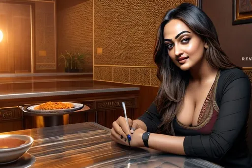 Prompt: SonakshiSinha, photo realistic  , open restaurant  ,  best quality, , hyper realistic ,intricate details , detailed skin texture, , 8k uhd,  DSLR,  film grain , high quality  , fujifilm XT3