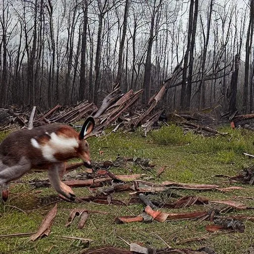 Prompt: Nuclear Artillery's missile hits forest filled with animals, all of the animals run, most of them died, while birds and rabbits survive.