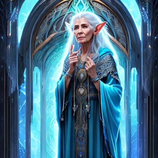 Prompt: elderly female grey haired elven wizard, elaborate blue robes, by Wayne Reynolds