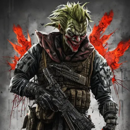 Prompt: Redesigned Gritty dark camouflage. Intense futuristic military commando-trained villain Todd McFarlane's joker Spawn pikachu. Bloody. Hurt. Damaged mask. Accurate. realistic. evil eyes. Slow exposure. Detailed. Dirty. Dark and gritty. Post-apocalyptic Neo Tokyo with fire and smoke .Futuristic. Shadows. Sinister. Armed. Fanatic. Intense. 