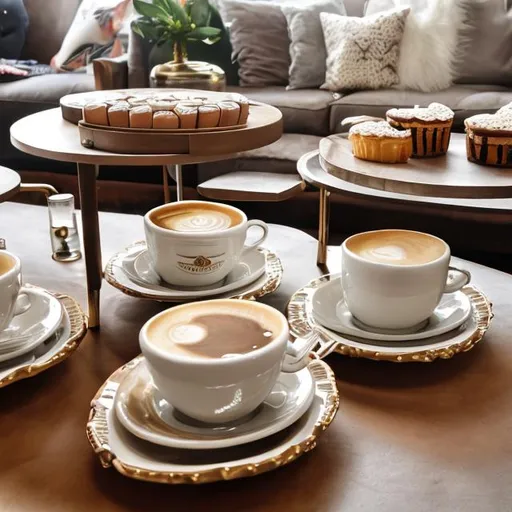 Prompt: coffee table with coffee cups and a lot of french pastry