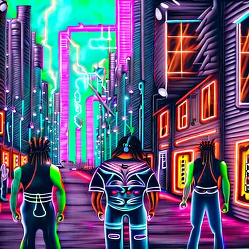 Prompt: Digital painting of Native American cyborgs standing next to a city street lined with sweat lodges and log cabins, futuristic sports cars are in the streets, neon signs hang from the walls of buildings lining the street, cyberpunk, highly detailed, highly decorated, masterpiece