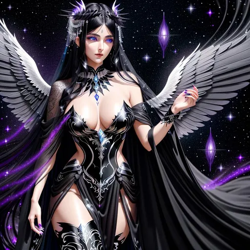 Prompt: Tall, darkly ethereal, inhumanly beautiful female humanoid angelic creature with black and purple wings and flowing dark black hair flecked with stars blowing in the wind shrouded in a long flowing cloak made with an ornate silver and black breastplate and trailing mesmerizing flowing wisps of shadows and light with glittering glowing ice blue eyes and a detailed, delicate, pale, and serious face with delicately pointed ears with intricate silver earrings, and a intricate purple and silver crown, and hands with an intricate silver and blue ring on her left ring finger, and ornate silver bracelets on each wrist   with a crescent moon and stars in the background 
