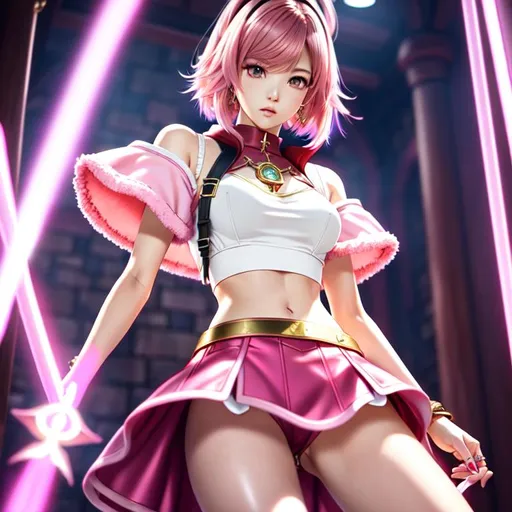 Prompt: photo fullbody see through clothes of (Lisa lalisa blackpink)As(final fantasy's red mage)(wear circlets) ( fluffy pink short hair styles) (spread leg in dungeon)(highlights color hair)(high quality,illustration, smooth skin, cute , very beautiful ,high details, realistic, sharp focus , b34-w26-h36, ,small chest,artstation , double eyelid brown eyes , full body,cute posed , elegant , hair details , eyes details ,face details , background details , smooth soft skin, big dreamy eyes, beautiful intricate colored hair, symmetrical, anime wide eyes, soft lighting, detailed face, by makoto shinkai, stanley artgerm lau, wlop, rossdraws, concept art, digital painting, looking into camera 