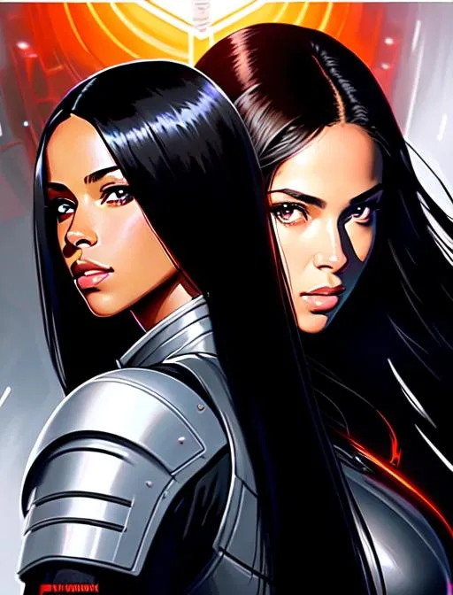 Prompt: Movie poster of Aaliyah Dana Haughton, visor, black hair, brown eyes, battlefield, ethereal, black mech tactical armor, jewelry set balayage, straight hair, royal vibe, highly detailed, digital painting, Trending on artstation , HD quality, tan skin,artgerm,  by Ilya Kuvshinov 