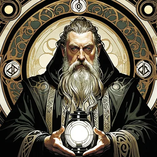 Prompt: Alan Moore as Druid Black Lantern by Alphonse Mucha