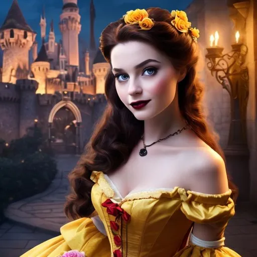 Prompt: professional photo disney belle as live action human woman hd hyper realistic beautiful brunette hair light skin brown eyes beautiful face yellow ballgown enchanting
gothic castle hd background with live action realistic roses