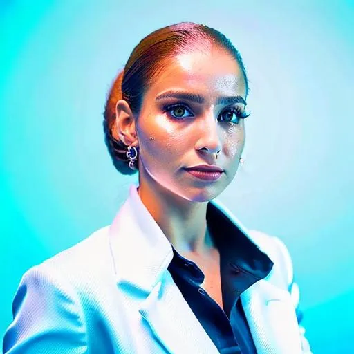 Prompt: Menna Shalaby is a futuristic civil servant dressed in a Space-1999-inspired business suit on a space station. photorealistic, accurate face
