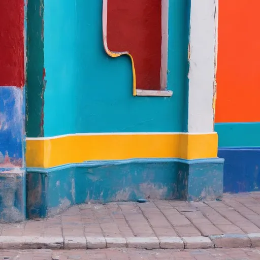 Prompt: la boca corner painting with two guitars leaning on

