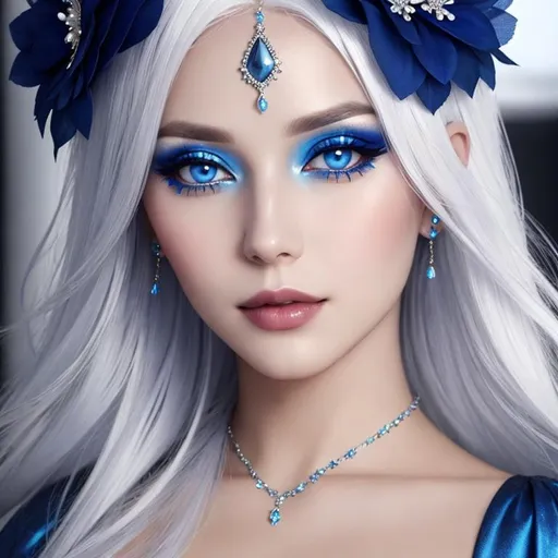 Prompt: A beautiful woman, white hair, blue eyes, blue eyeshadow, blue jewels on forehead