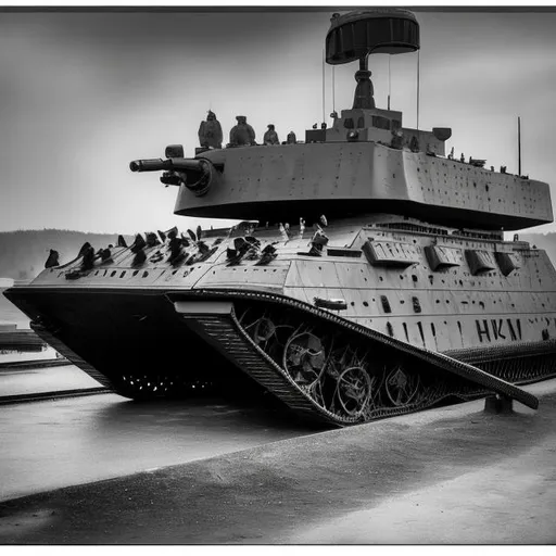 Prompt: monochrome, HR Geiger, higgins boat, troop transport, mark v tank ww1, scifi