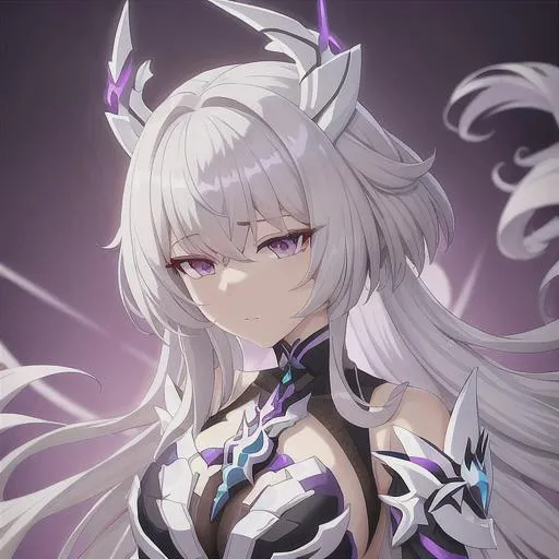 Prompt: Draw a soft detailed beautiful white haired  anime girl with purple eyes. Wearing hersscher battle suit from Honkai impact. In a fantasy world. Using anime Art Style