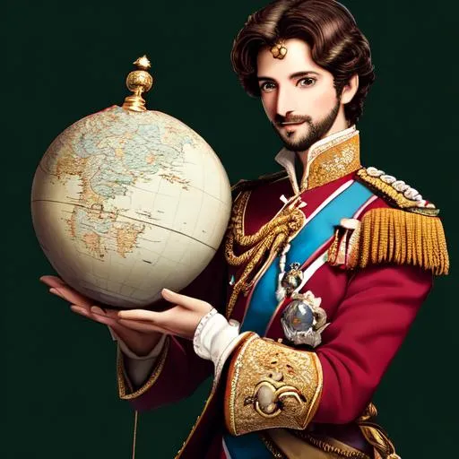 Prompt: A 33 years old prince is holding the ultrarealistic globe in his hands. Photorealistic.