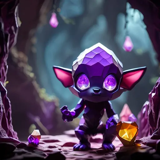 Prompt: Small purple humanoid figure, long pointy ears, large hexagon shaped gems for eyes, a large mouth with small pointy teeth, three fingers on each hand and three toes on each foot, short limbs, crouched stance, purples and blues, dim lighting, cave, spooky, goblin like, dark, smooth skin, crystals, genderless, clear image, sword, armor, adventure