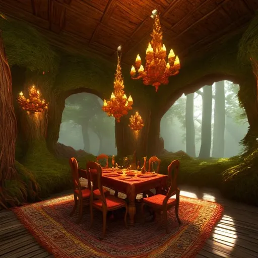 Prompt: fantasy forest, dining room interior, UHD, HD, 8K, 
