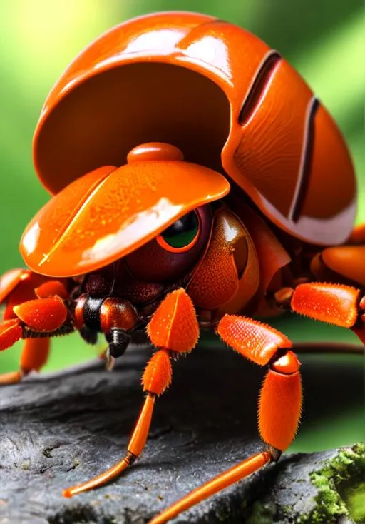 Prompt: UHD, , 8k,  oil painting, Anime,  Very detailed, zoomed out view of character, HD, High Quality, Anime, Pokemon, Parasect is a large cartoonish orange insectoid hermit-crab-like cicada Pokémon with a mushroom as its back. It has a small head with pure white eyes and a segmented body that is mostly hidden by the mushroom. It has three pairs of legs with the foremost pair forming large pincers. The fungus growing on its back has a large red cap with yellow spots throughout.

The insect has been drained of nutrients and is now under the control of the fully-grown tochukaso. Removing the mushroom will cause Parasect to stop moving. It can thrive in dark forests with a suitable amount of humidity for growing fungi. Swarms of this Pokémon have been known to infest trees. The swarm will drain the tree of nutrients until it dies and will then move on to a new tree. 

Pokémon by Frank Frazetta