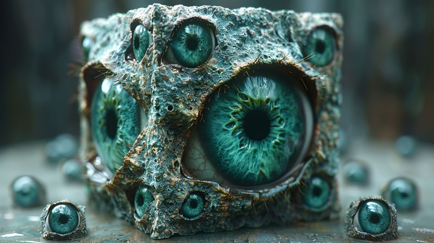 Prompt: A 3D cube spinning in the center of a plain gray background. Each side of the cube is adorned with unevenly sized, organic-shaped green emerald eyeballs, creating a surreal visual effect. The eyeballs glimmer with lifelike detail, reflecting light in a way that accentuates their unique shapes and vibrant green color. The cube itself has a smooth, reflective surface, enhancing the overall surrealism of the scene. This image is captured in a wide aspect ratio to fully encompass the intriguing and otherworldly cube as it rotates.