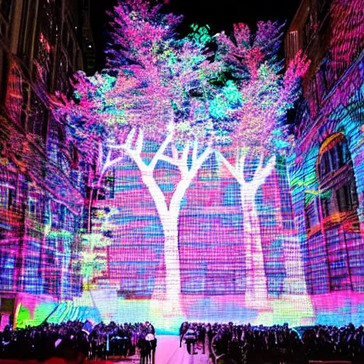 Prompt: new york city, video mapping, refik anadol, in h allice in wonderland beautiful nature holography
