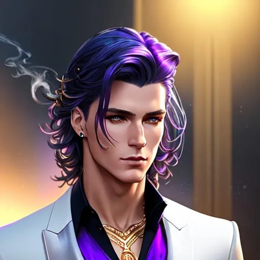 Prompt: half body illustration of a white man with wavy dark blue ombre hair that reaches his shoulders and golden sclera with purple irises. he's covered with body tattoos, wears a dark formal suit and has a golden halo over his head. he also smokes and wears golden jewelry. artstation, soft lighting, cinematic, beautiful, attractive, deviantart, illustration, digital art, blur, flare, soft water color, fantasy, highly detailed, hyper realistic