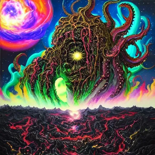 Prompt: acrylic painting, cosmic heavens clashing with cosmic horror,  immense scale, terrifying detail. by deesdeepthroat high on acid  
