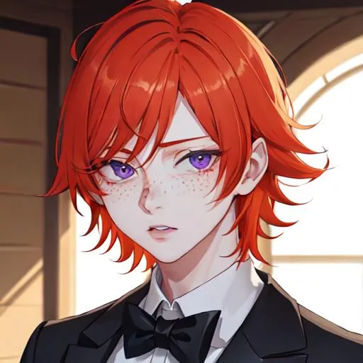 Prompt: Erikku male (short ginger hair, freckles, right eye blue left eye purple) UHD, 8K, Highly detailed, insane detail, best quality, high quality. As the godfather, mafia