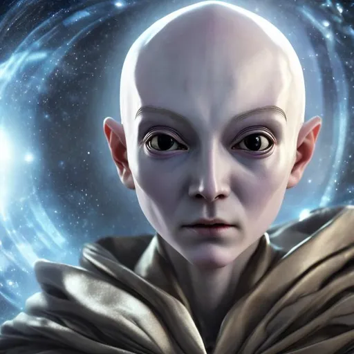 Prompt: androgynous, benevolent, innocent, ALIEN femme, metallic skin, bald, soft expression, no eyebrows, black eyes, holding an orb, wearing cloak, surrounded by outer space