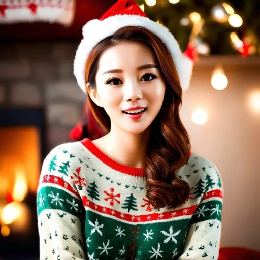 Prompt: photorealistic, (Irene wearing a vibrant Christmas hat), (ugly Christmas sweater), cozy holiday atmosphere, festive setting, warm glowing lights, smiling, subtle snowflakes in the background, joyful expression, intricate sweater patterns, high-quality detail, ultra-detailed texture, inviting ambiance, soft focus on surroundings, an overall sense of cheerfulness and holiday spirit.