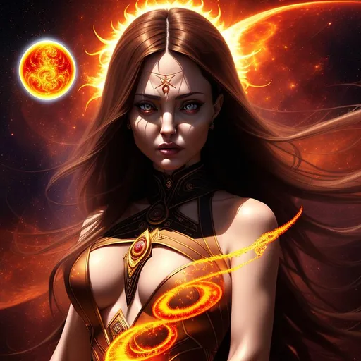 Prompt: full dark color trigonometric julia clusters fractal space sun and moon and fire background, Brown curl long Hair  Attractive and furious Female Character with Air Magic and halo, Angelina Jolie, Elegant, Powerful, Romantic, HDR, High Definition, cinematic, deep shadows, wearing tribal cueitl, dynamic light, hyperrealism, definition, glowing eyes, facial symmetry  by Ilya Kuvshinov