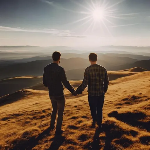 Prompt: Two men holding one of each others hand to up standing on a hill, very beautiful, sun in the middle of sky