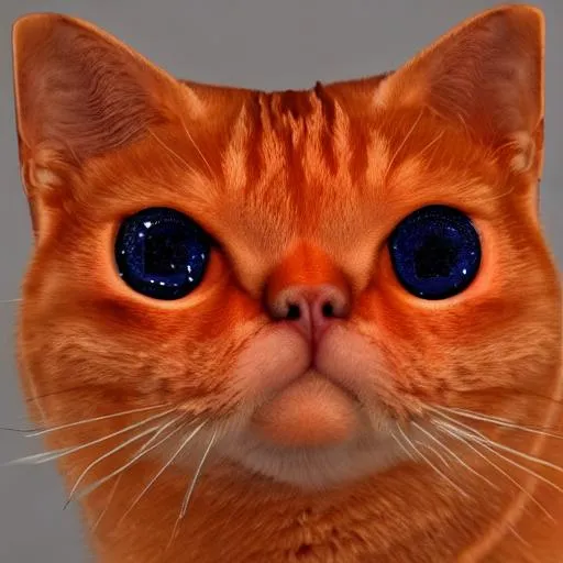 Prompt: An orange tabby with red stars eyes that is facing the camera.